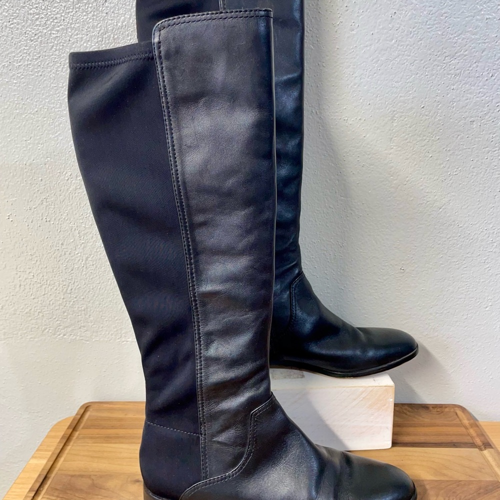 Leather Nylon Stretch Black Tall Riding Boots Equestrian 7.5 Zip Louise Et Cie